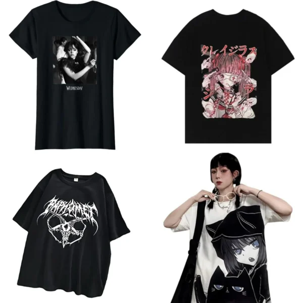 Camiseta Gótica Kawaii: Gato Pentagrama Estilo J-Rock