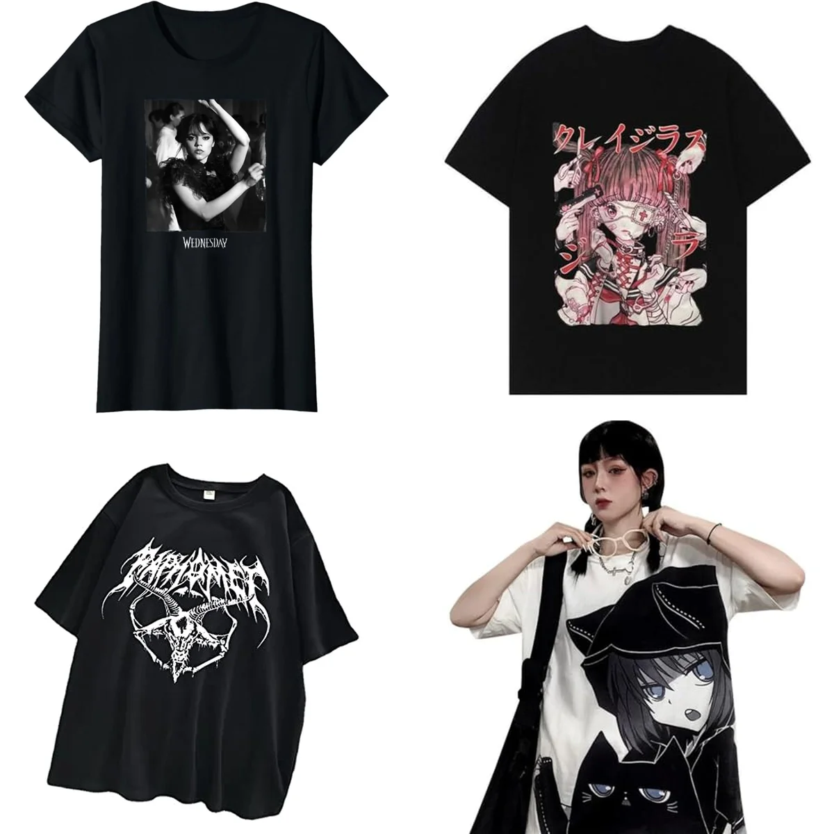 Camiseta Gótica Kawaii: Gato Pentagrama Estilo J-Rock