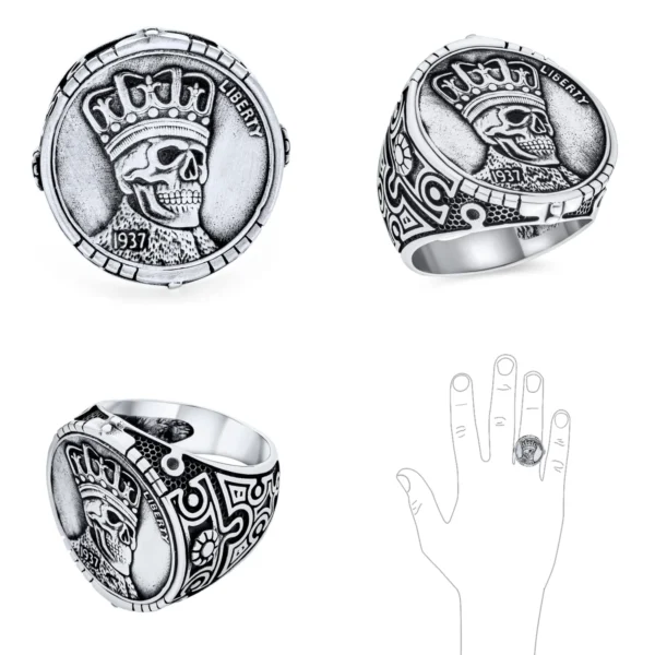 Anillo Águila Punk: Plata Oxidada con Corona y Calavera