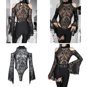 Blusa Malla Negra Y2K: Estilo Gótico Transparente