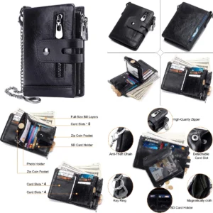 Cartera Cuero Hombre RFID: Elegancia Oscura con Cadena