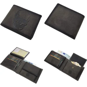 Cartera Cuero Búfalo Gris Calavera RFID