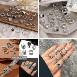 Pack 29 Anillos Punk Gótico: Calaveras, Serpientes y Más