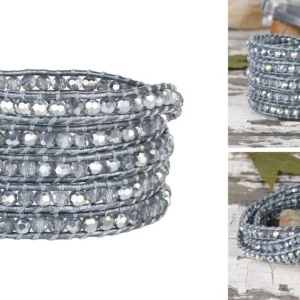 Pulsera Cuero Gris Cristal KELITCH: Estilo Gótico Auténtico
