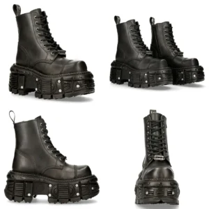 Botas New Rock Militar Cuero Negro Plataforma