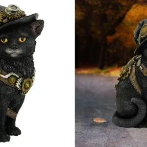 Gato Steampunk Relojero: Detalle Gótico Negro 16.5cm