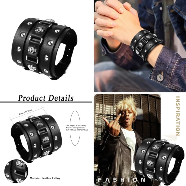 Pulsera Cuero Gótico Punk: Estilo Rocker Ajustable