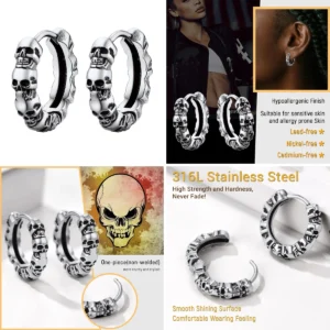 Pendientes Calavera Gótica: Acero Inoxidable Anti-alergias