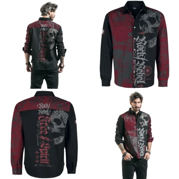 Camisa Rock Rebel Negra/Roja: Estilo Gótico y Metal