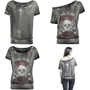 Camiseta Rock Rebel Calavera Escote Ancho - Estilo Gótico