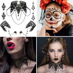 Gargantilla Gótica Encaje con Pendientes y Pulsera: Estilo Vampírico