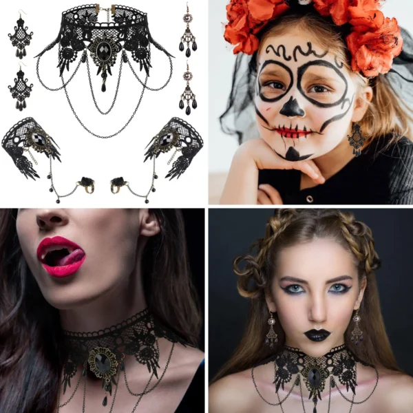 Gargantilla Gótica Encaje con Pendientes y Pulsera: Estilo Vampírico
