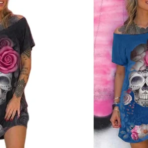 Vestido Calavera Hombro Caído: Estilo Gótico Audaz