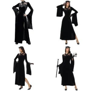 Vestido Gótico Terciopelo Negro con Encaje - Elegancia Oscura