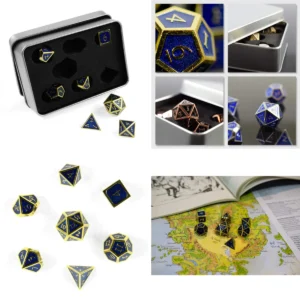 Dados Steampunk Metal Dorado y Azul: ¡Tu Próxima Aventura!