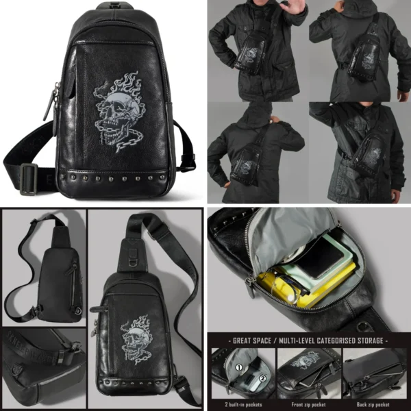 Bolso Calavera Cuero Negro: Estilo Rebelde y Funcionalidad